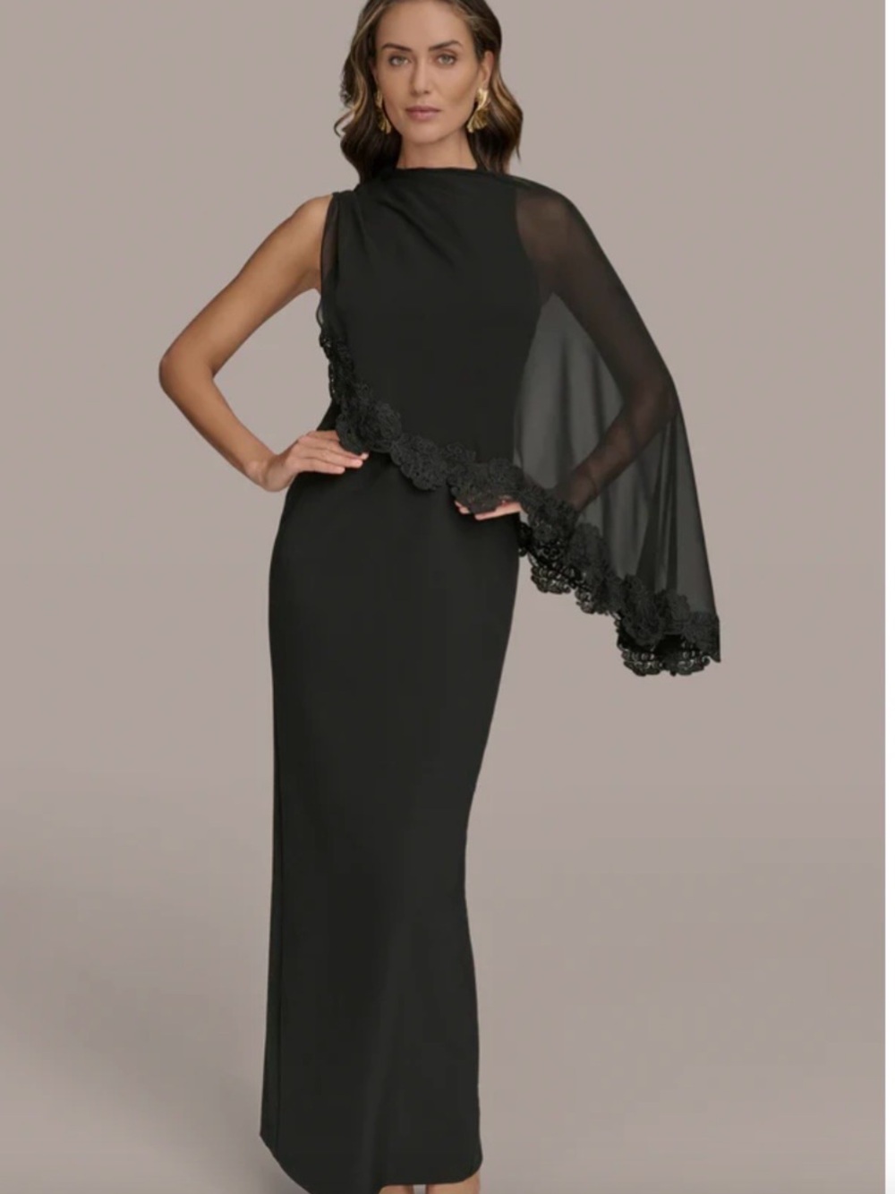 DONNA KAREN SLEEVELESS CAPE OVERLAY GOWN